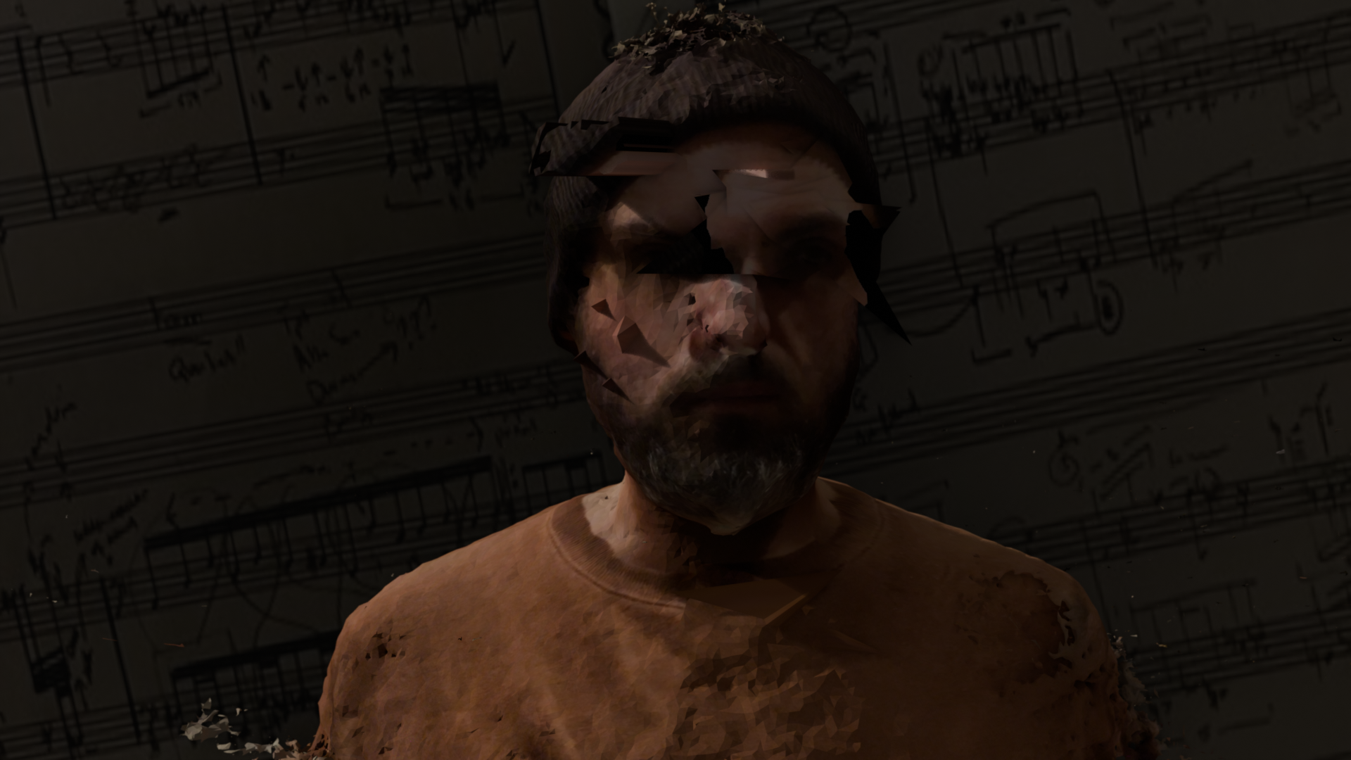 A 3D model of Vincent, degrading only slightly, to a backdrop of music notation.