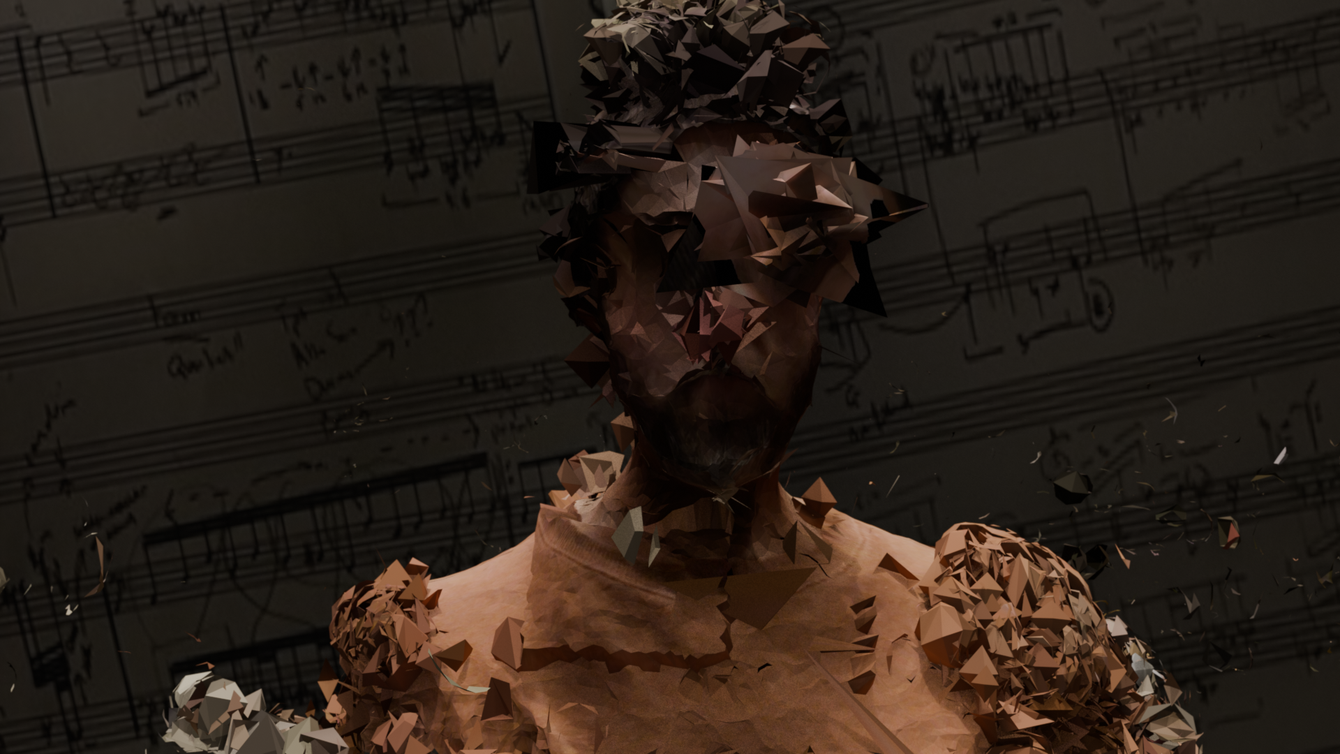 A 3D model of Vincent that appears to be disintegrating, on a backdrop of music notation.